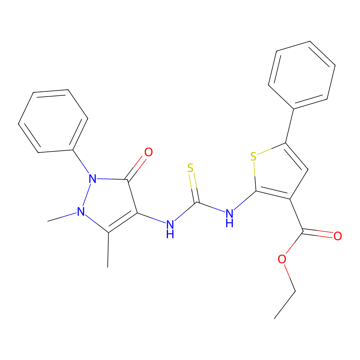 ethyl 2-{[(1,5-dimethyl-3-oxo-2-phenyl-2,3-dihydro-1H-pyrazol-4-yl)carbamothioyl]amino}-5-phenylthiophene-3-carboxylate molecular structure, CAS 708227-21-8