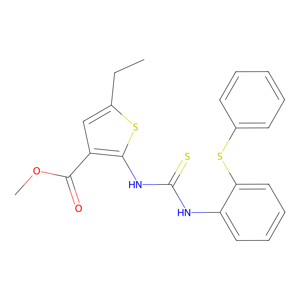 Methyl 5-ethyl-2-({[2-(phenylsulfanyl)phenyl]carbamothioyl}amino)thiophene-3-carboxylate molecular structure, CAS 708227-99-0