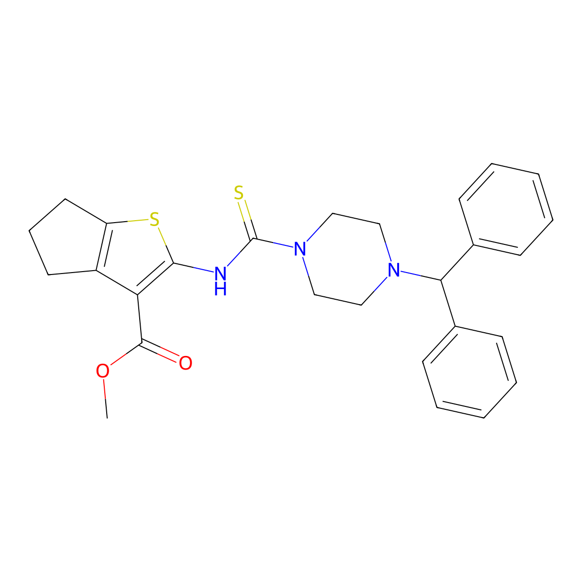 methyl 2-({[4-(diphenylmethyl)piperazin-1-yl]carbonothioyl}amino)-5,6-dihydro-4H-cyclopenta[b]thiophene-3-carboxylate molecular structure, CAS 708229-25-8