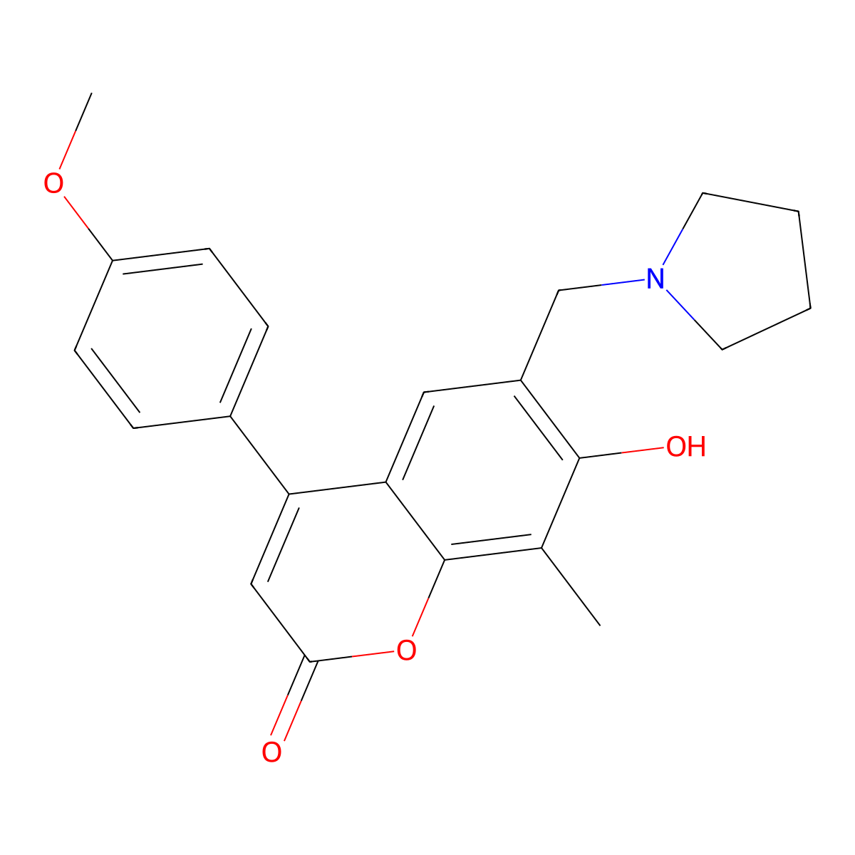 7-hydroxy-4-(4-methoxyphenyl)-8-methyl-6-(pyrrolidin-1-ylmethyl)-2H-chromen-2-one molecular structure, CAS 708229-35-0