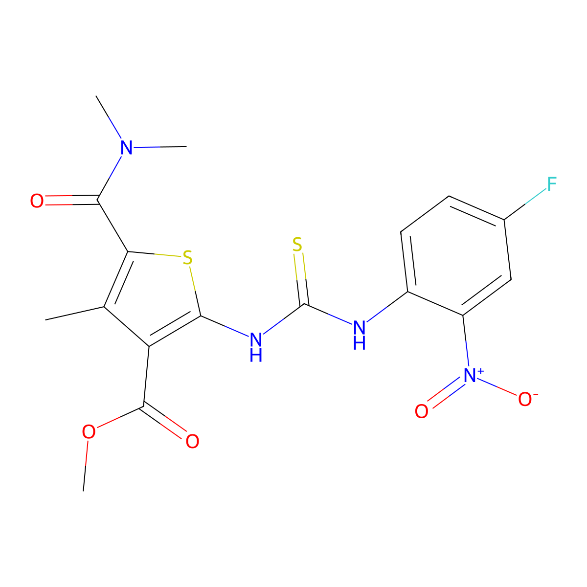 Methyl 5-(dimethylcarbamoyl)-2-{[(4-fluoro-2-nitrophenyl)carbamothioyl]amino}-4-methylthiophene-3-carboxylate molecular structure, CAS 708230-39-1