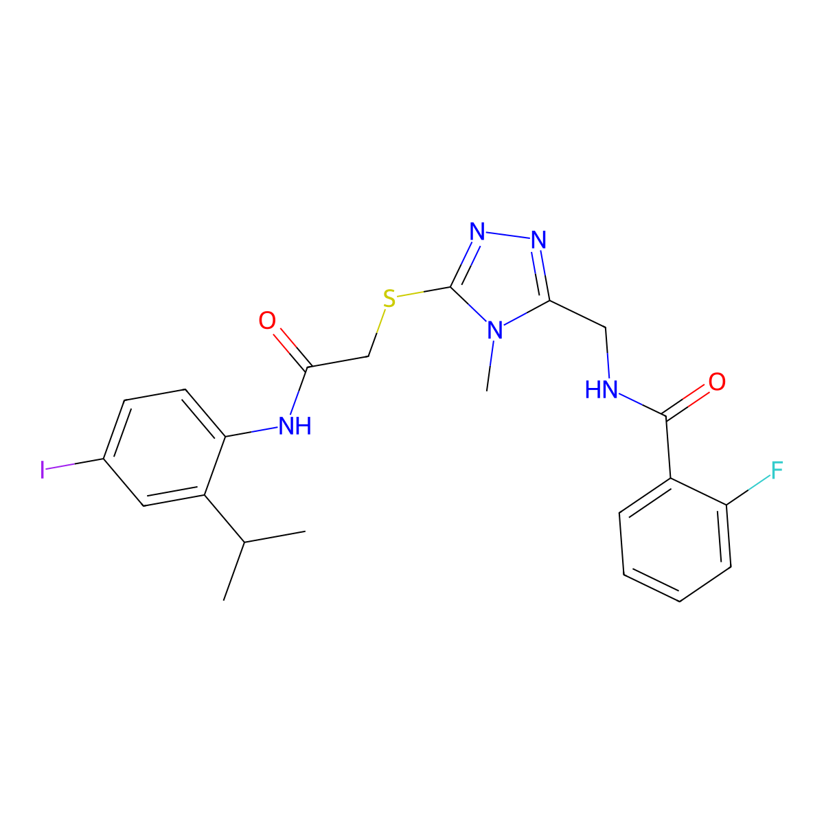 2-fluoro-N-[[5-[2-(4-iodo-2-propan-2-ylanilino)-2-oxoethyl]sulfanyl-4-methyl-1,2,4-triazol-3-yl]methyl]benzamide molecular structure, CAS 708230-46-0