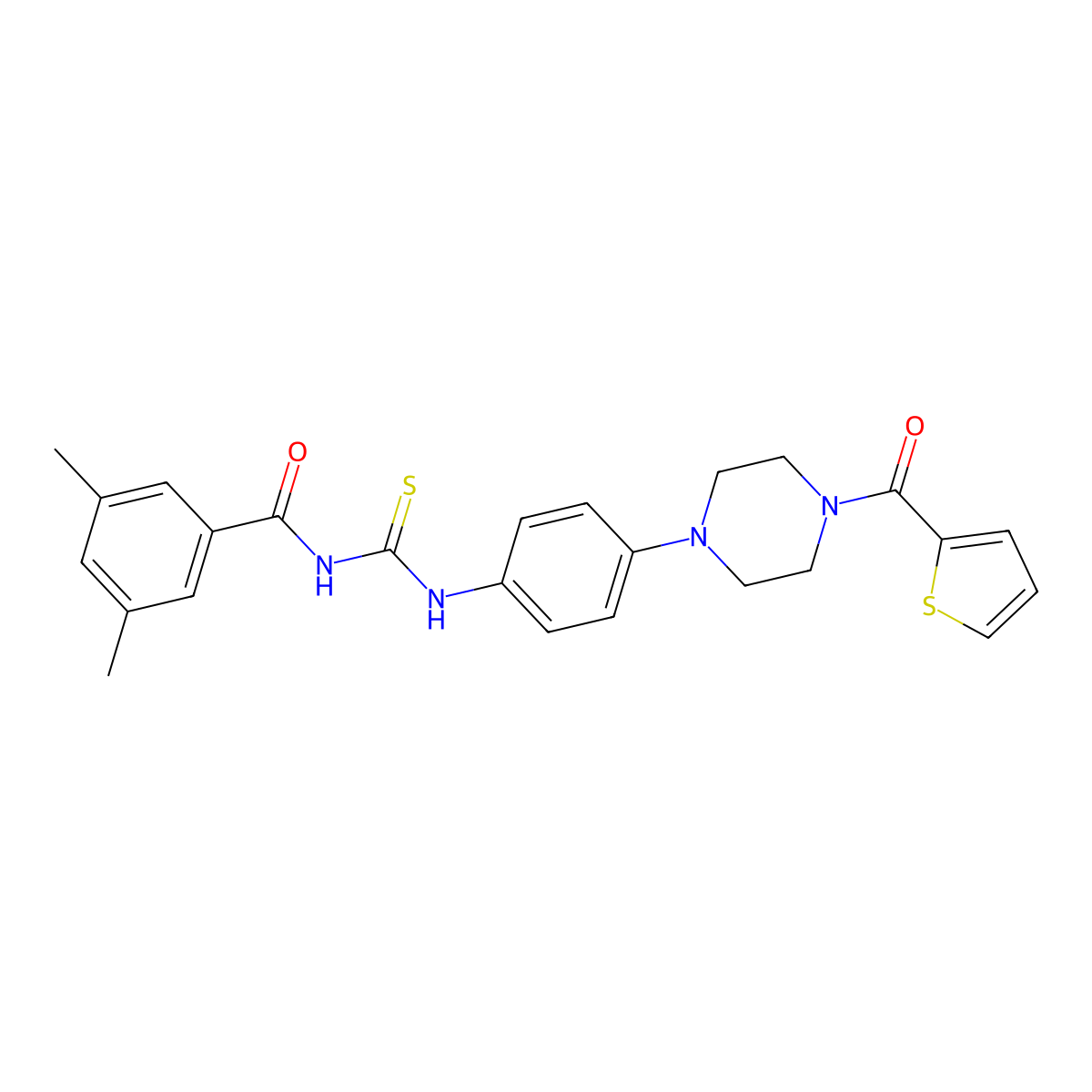 3,5-dimethyl-N-[[4-[4-(thiophene-2-carbonyl)piperazin-1-yl]phenyl]carbamothioyl]benzamide molecular structure, CAS 708230-58-4
