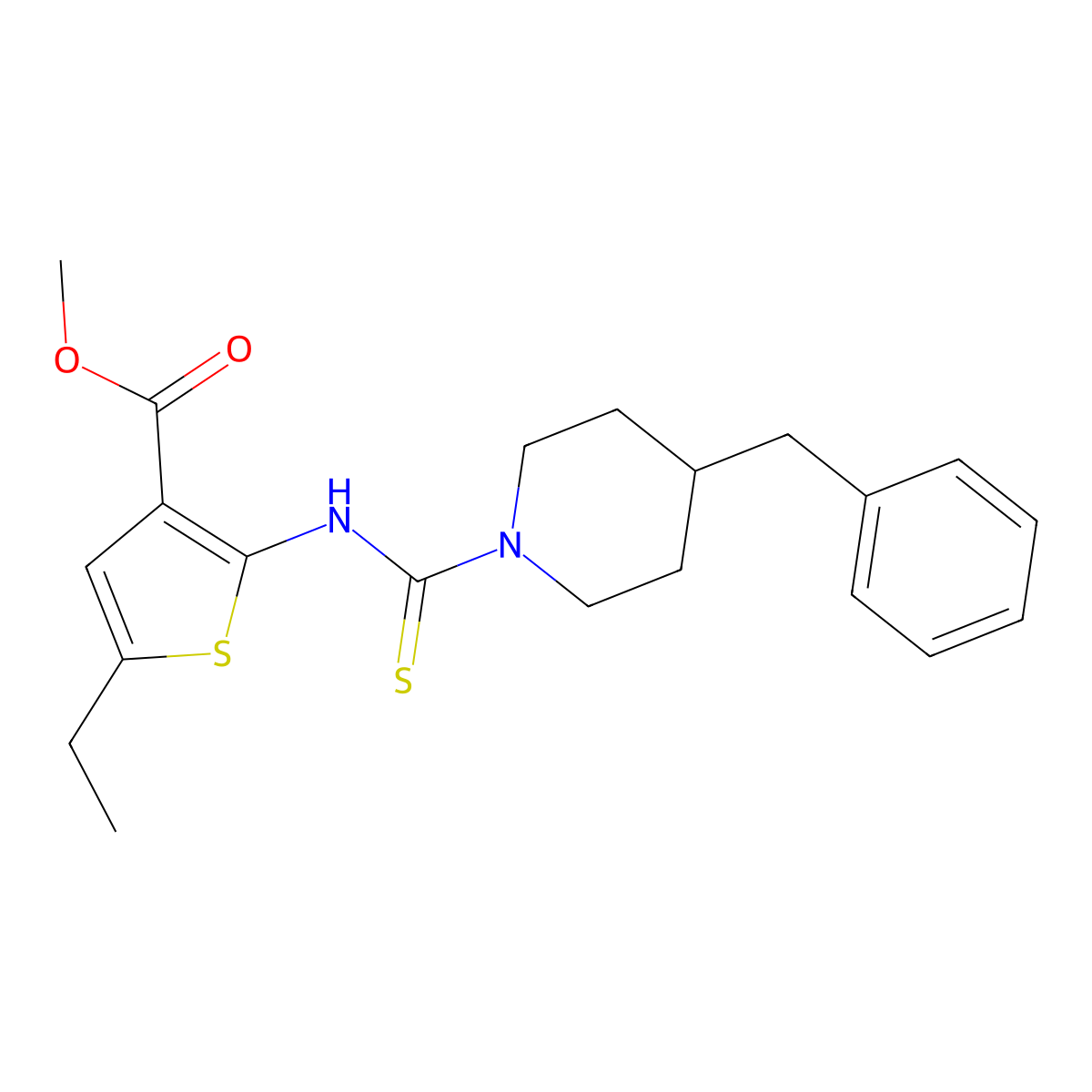 Methyl 2-{[(4-benzylpiperidin-1-yl)carbonothioyl]amino}-5-ethylthiophene-3-carboxylate molecular structure, CAS 708230-96-0