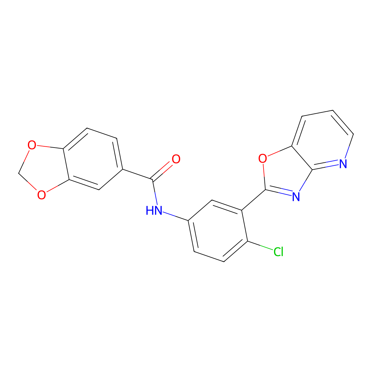N-[4-chloro-3-([1,3]oxazolo[4,5-b]pyridin-2-yl)phenyl]-1,3-benzodioxole-5-carboxamide molecular structure, CAS 708235-57-8