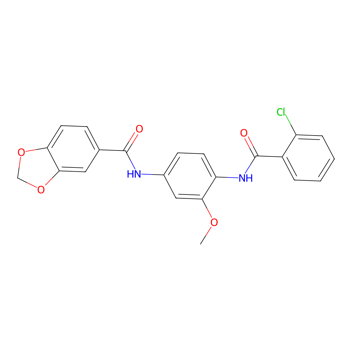 N-[4-[(2-chlorobenzoyl)amino]-3-methoxyphenyl]-1,3-benzodioxole-5-carboxamide molecular structure, CAS 708235-99-8