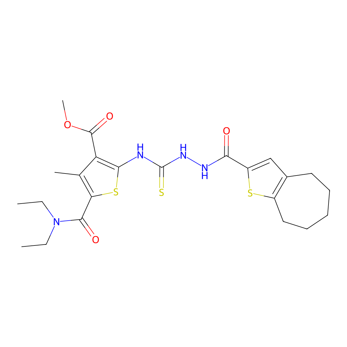 methyl 5-(diethylcarbamoyl)-4-methyl-2-({[2-(5,6,7,8-tetrahydro-4H-cyclohepta[b]thiophen-2-ylcarbonyl)hydrazinyl]carbonothioyl}amino)thiophene-3-carboxylate molecular structure, CAS 708236-33-3