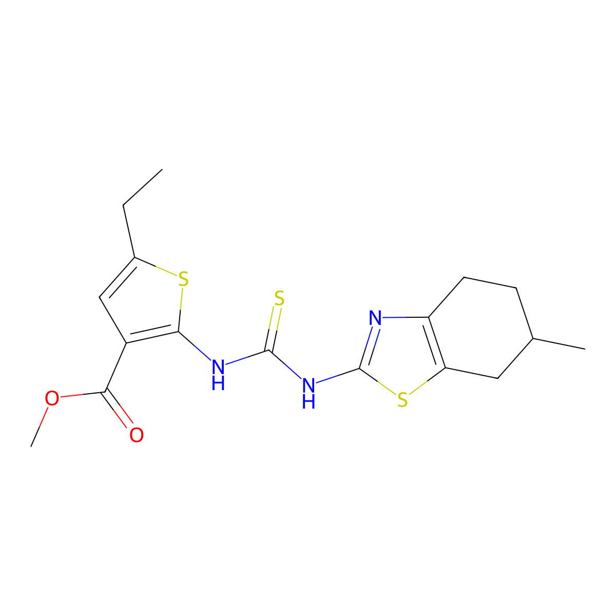 Methyl 5-ethyl-2-{[(6-methyl-4,5,6,7-tetrahydro-1,3-benzothiazol-2-yl)carbamothioyl]amino}thiophene-3-carboxylate molecular structure, CAS 708237-38-1