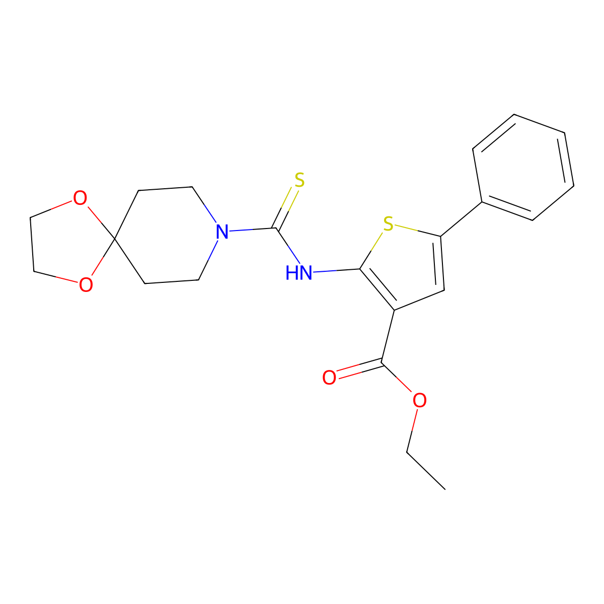 Ethyl 2-[(1,4-dioxa-8-azaspiro[4.5]dec-8-ylcarbonothioyl)amino]-5-phenylthiophene-3-carboxylate molecular structure, CAS 708237-63-2