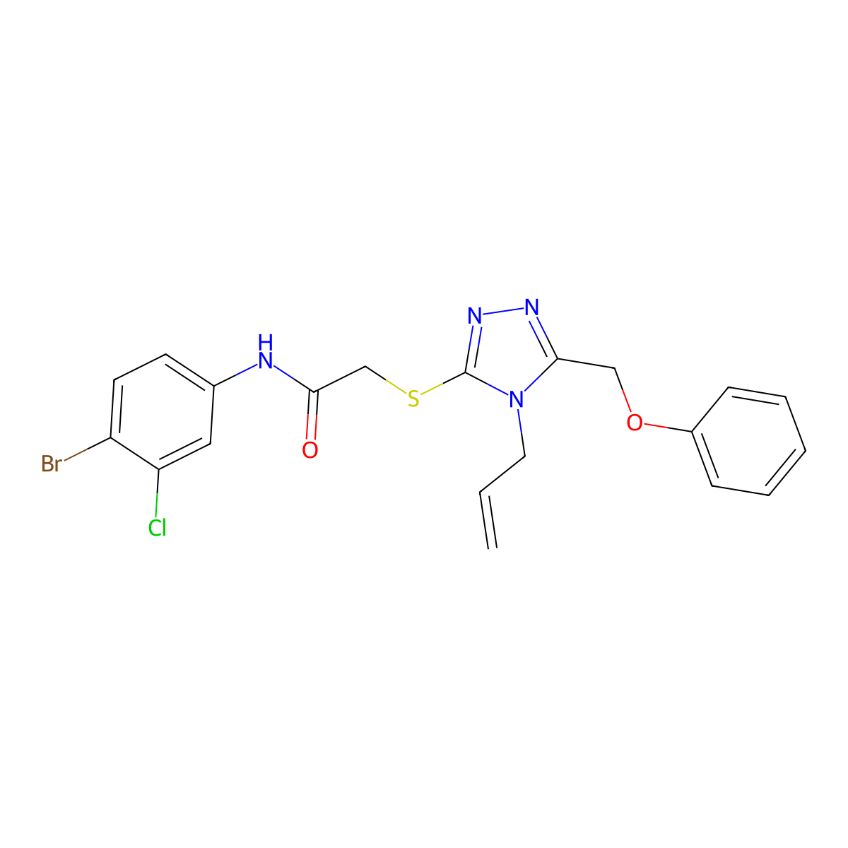 N-(4-bromo-3-chlorophenyl)-2-[[5-(phenoxymethyl)-4-prop-2-enyl-1,2,4-triazol-3-yl]sulfanyl]acetamide molecular structure, CAS 708238-46-4