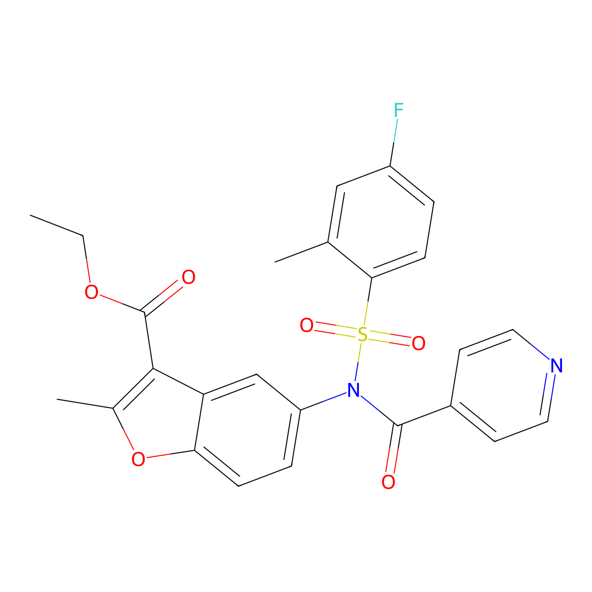 Ethyl 5-[[(4-fluoro-2-methylphenyl)sulfonyl](isonicotinoyl)amino]-2-methyl-1-benzofuran-3-carboxylate molecular structure, CAS 708240-11-3