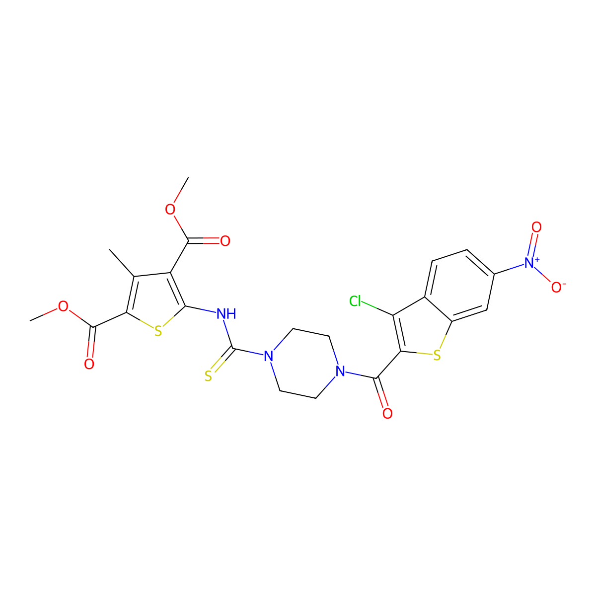 Dimethyl 5-[({4-[(3-chloro-6-nitro-1-benzothiophen-2-yl)carbonyl]piperazin-1-yl}carbonothioyl)amino]-3-methylthiophene-2,4-dicarboxylate molecular structure, CAS 708241-44-5