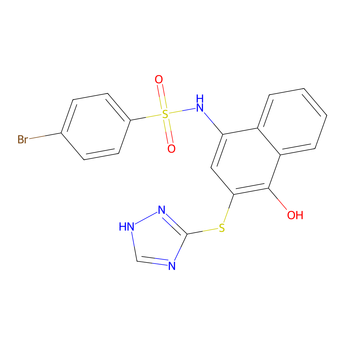 4-bromo-N-[4-hydroxy-3-(1H-1,2,4-triazol-5-ylsulfanyl)naphthalen-1-yl]benzenesulfonamide molecular structure, CAS 708242-00-6