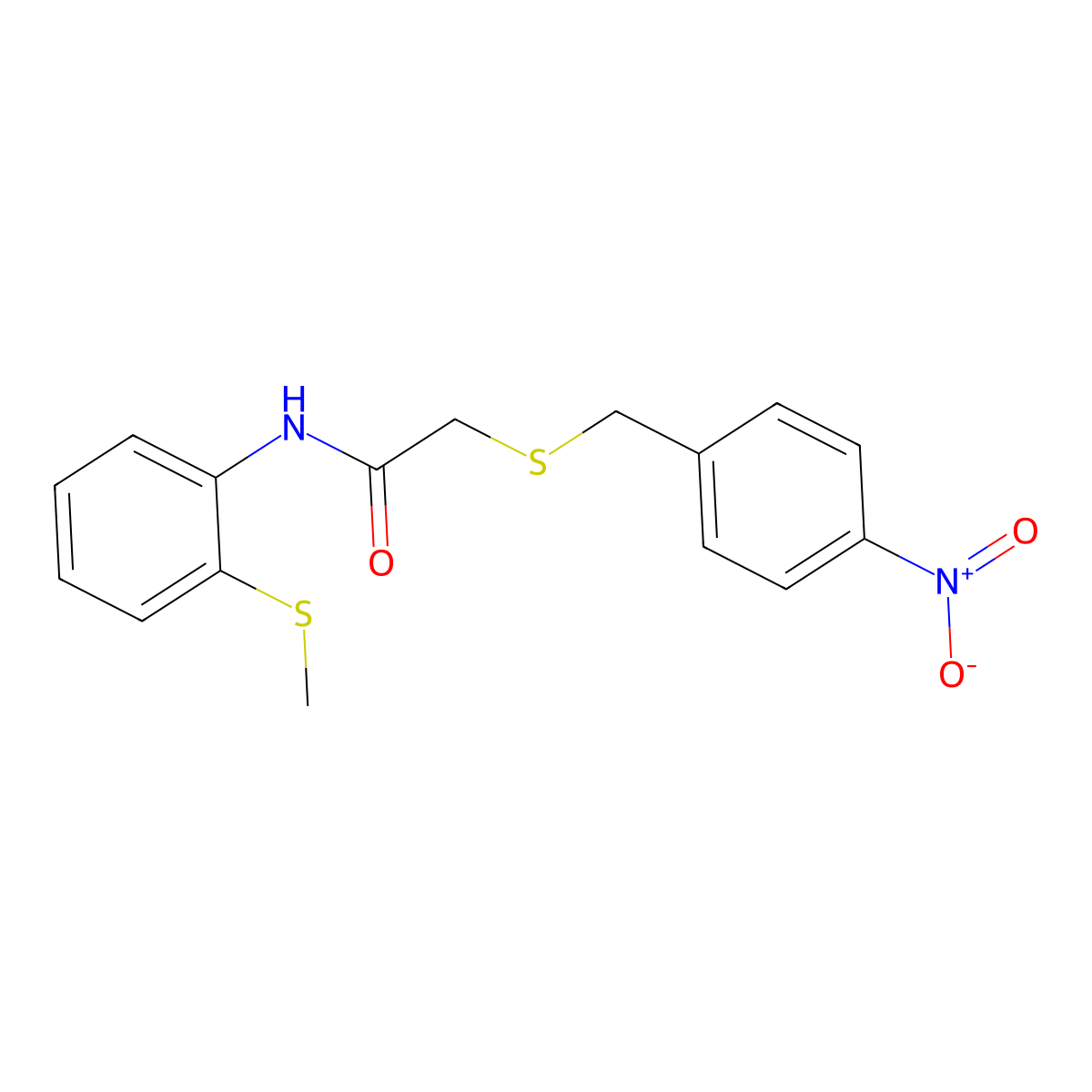 N-(2-methylsulfanylphenyl)-2-[(4-nitrophenyl)methylsulfanyl]acetamide molecular structure, CAS 708242-46-0