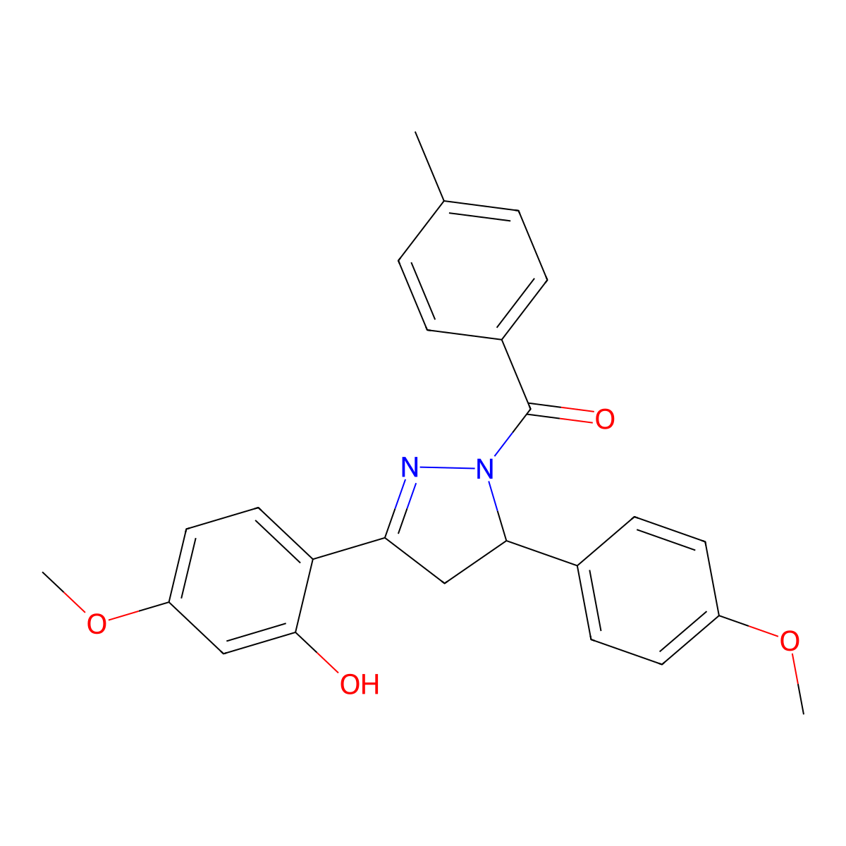 (3-(2-hydroxy-4-methoxyphenyl)-5-(4-methoxyphenyl)-4,5-dihydro-1H-pyrazol-1-yl)(p-tolyl)methanone molecular structure, CAS 708242-97-1