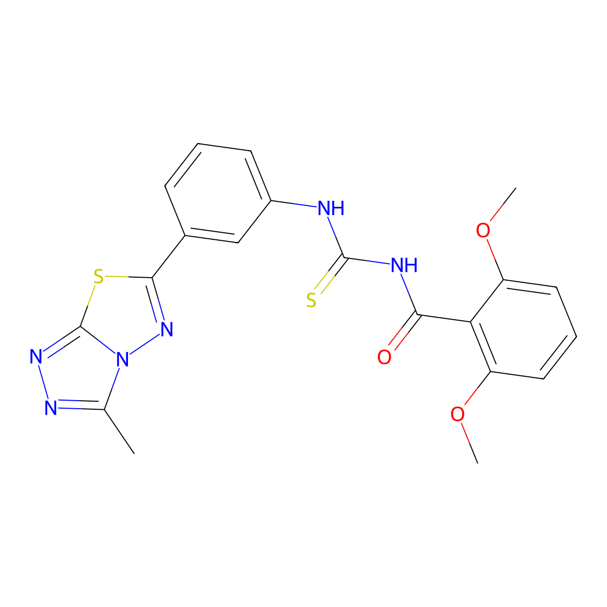 2,6-dimethoxy-N-[[3-(3-methyl-[1,2,4]triazolo[3,4-b][1,3,4]thiadiazol-6-yl)phenyl]carbamothioyl]benzamide molecular structure, CAS 708242-98-2
