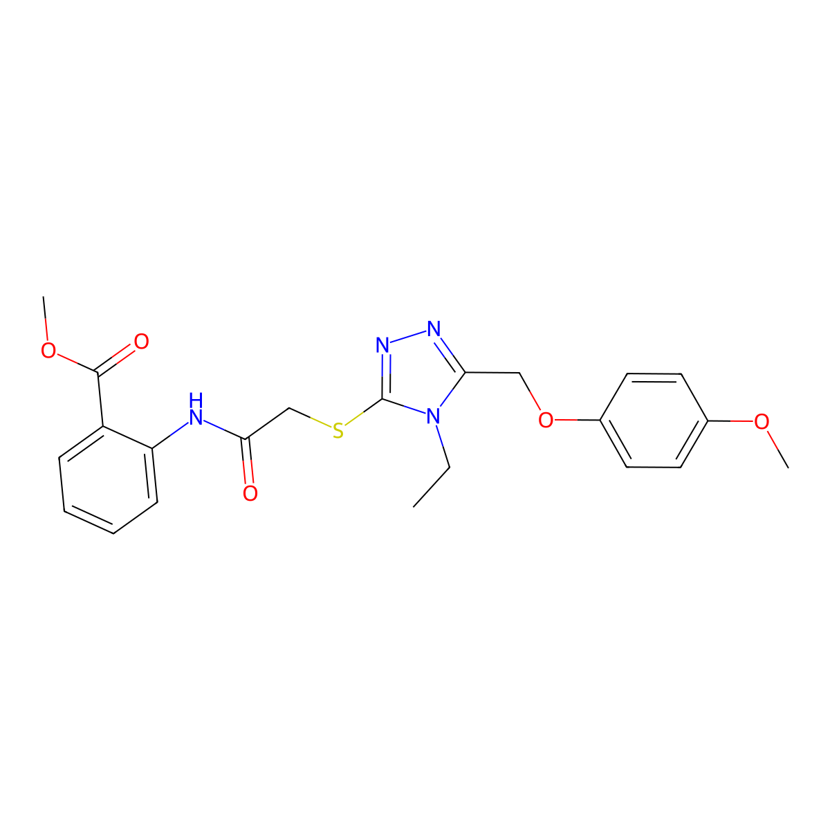 methyl 2-{[({4-ethyl-5-[(4-methoxyphenoxy)methyl]-4H-1,2,4-triazol-3-yl}sulfanyl)acetyl]amino}benzoate molecular structure, CAS 708243-40-7