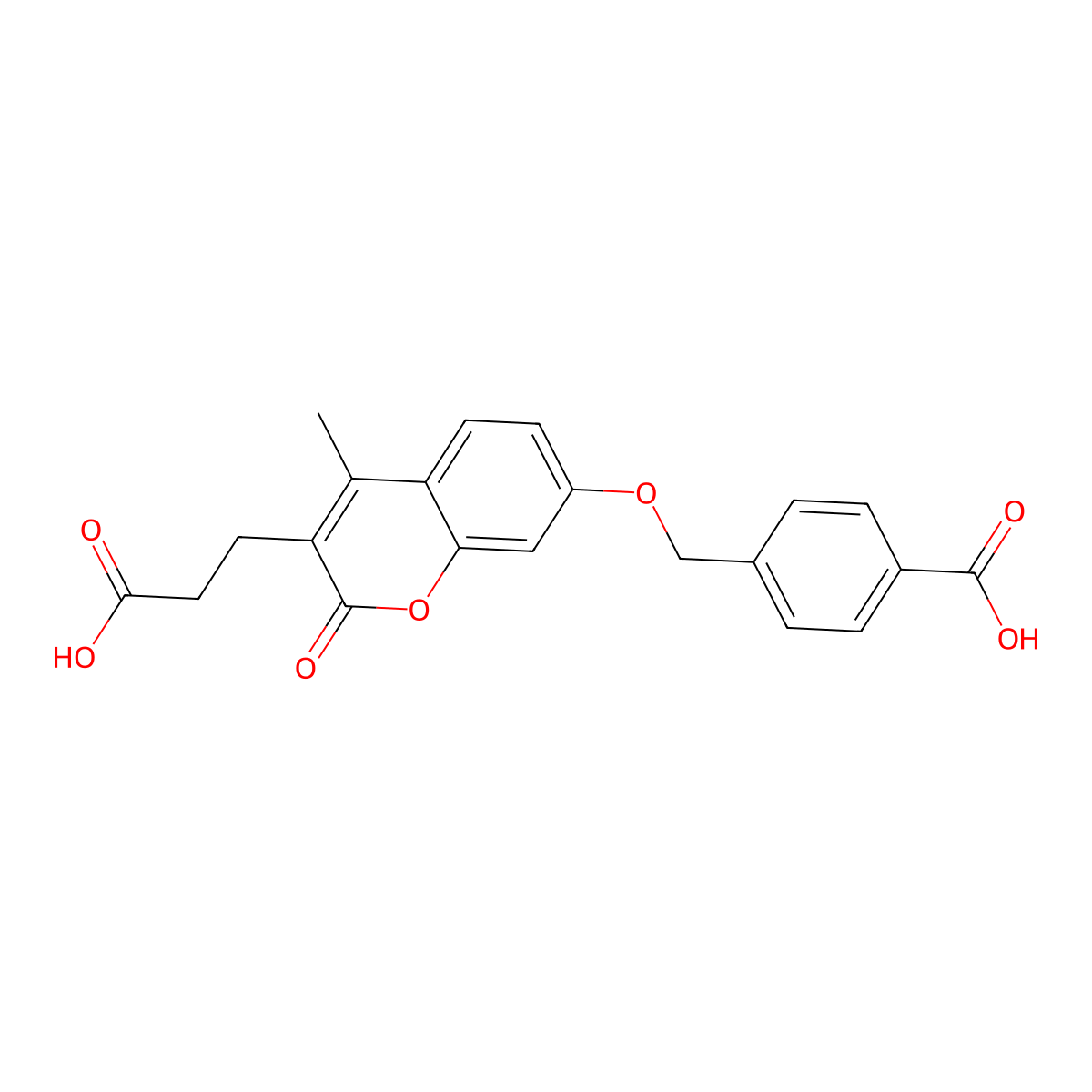 4-({[3-(2-carboxyethyl)-4-methyl-2-oxo-2H-chromen-7-yl]oxy}methyl)benzoic acid molecular structure, CAS 708243-53-2