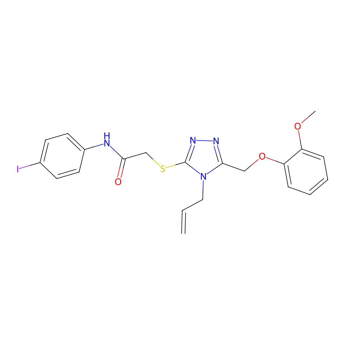 N-(4-iodophenyl)-2-[[5-[(2-methoxyphenoxy)methyl]-4-prop-2-enyl-1,2,4-triazol-3-yl]sulfanyl]acetamide molecular structure, CAS 708243-90-7