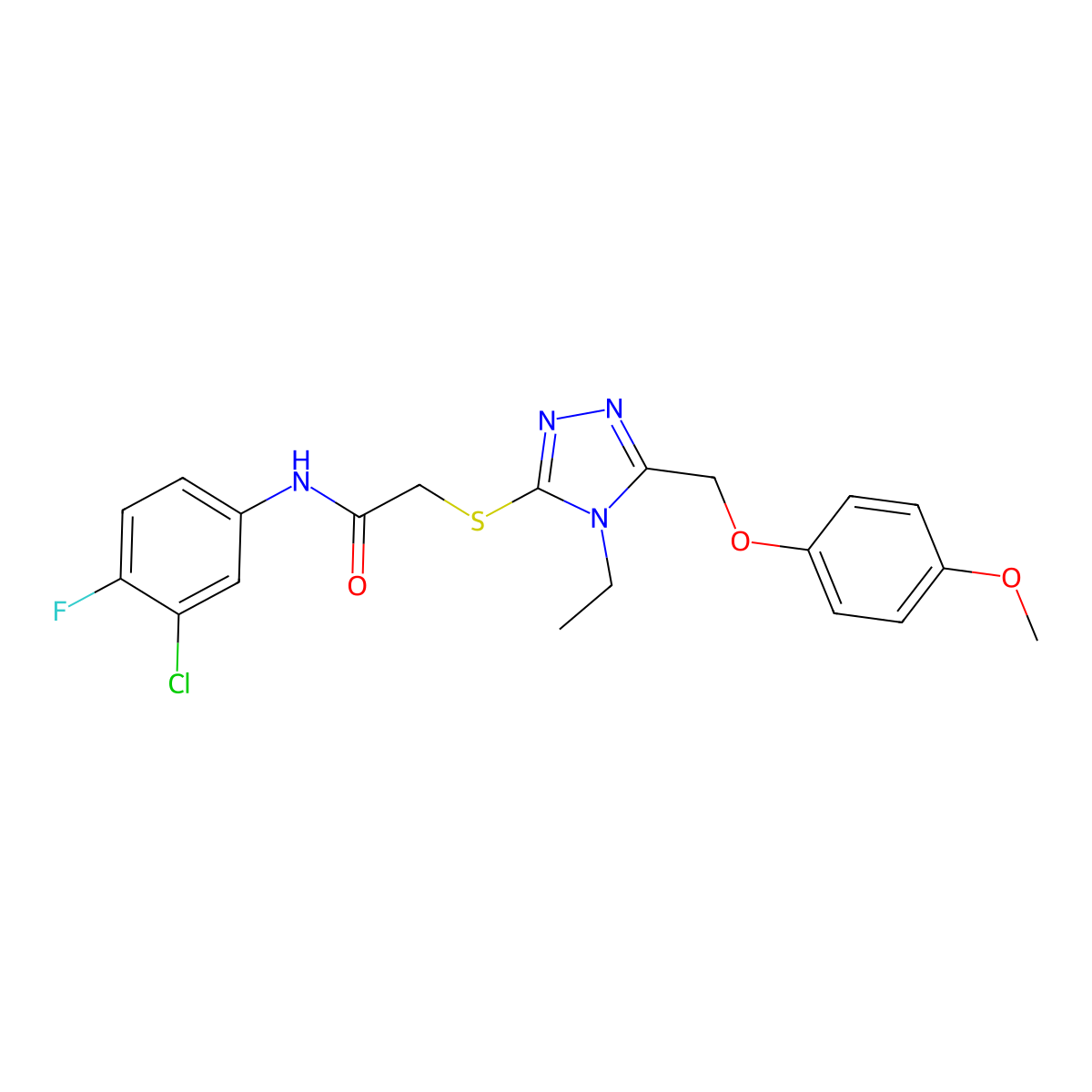 N-(3-chloro-4-fluorophenyl)-2-[[4-ethyl-5-[(4-methoxyphenoxy)methyl]-1,2,4-triazol-3-yl]sulfanyl]acetamide molecular structure, CAS 708244-86-4