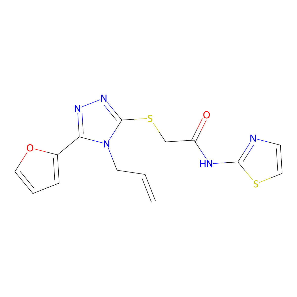 2-[[5-(furan-2-yl)-4-prop-2-enyl-1,2,4-triazol-3-yl]sulfanyl]-N-(1,3-thiazol-2-yl)acetamide molecular structure, CAS 708245-53-8