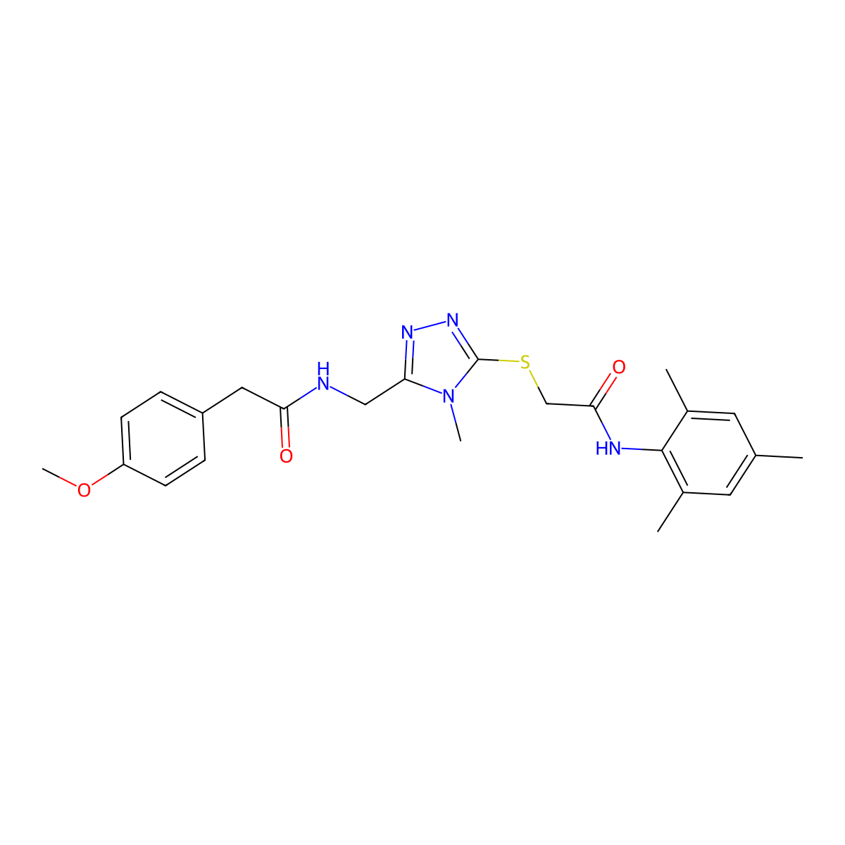 2-(4-methoxyphenyl)-N-[[4-methyl-5-[2-oxo-2-(2,4,6-trimethylanilino)ethyl]sulfanyl-1,2,4-triazol-3-yl]methyl]acetamide molecular structure, CAS 708245-59-4