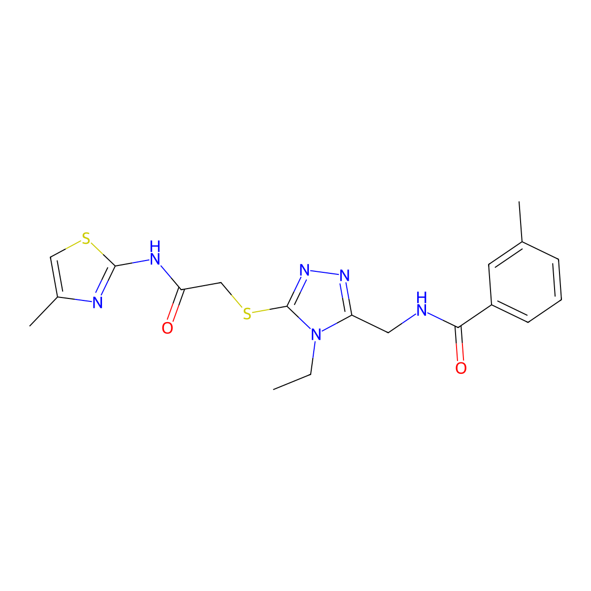 N-[[4-ethyl-5-[2-[(4-methyl-1,3-thiazol-2-yl)amino]-2-oxoethyl]sulfanyl-1,2,4-triazol-3-yl]methyl]-3-methylbenzamide molecular structure, CAS 708245-68-5