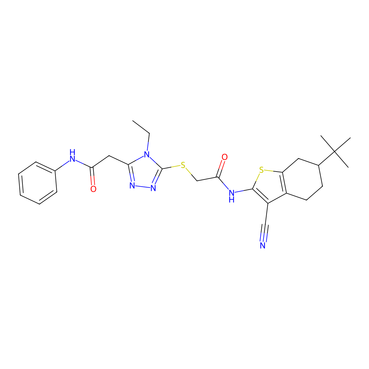 2-[5-({2-[(6-tert-butyl-3-cyano-4,5,6,7-tetrahydro-1-benzothiophen-2-yl)amino]-2-oxoethyl}sulfanyl)-4-ethyl-4H-1,2,4-triazol-3-yl]-N-phenylacetamide molecular structure, CAS 708245-88-9