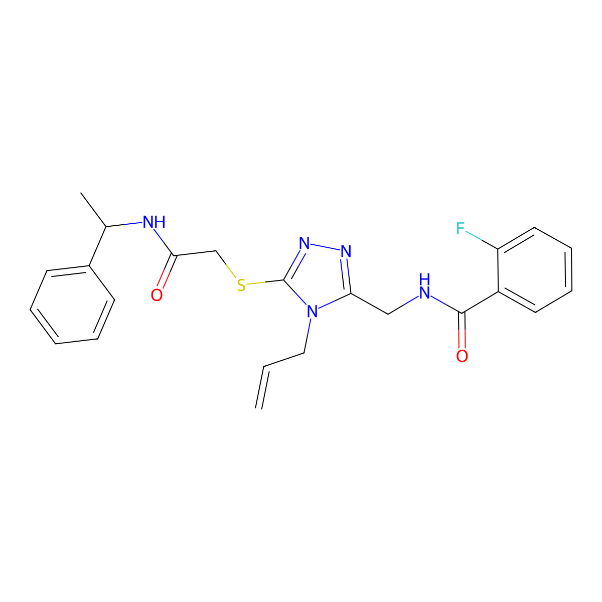 2-fluoro-N-[[5-[2-oxo-2-(1-phenylethylamino)ethyl]sulfanyl-4-prop-2-enyl-1,2,4-triazol-3-yl]methyl]benzamide molecular structure, CAS 708246-09-7