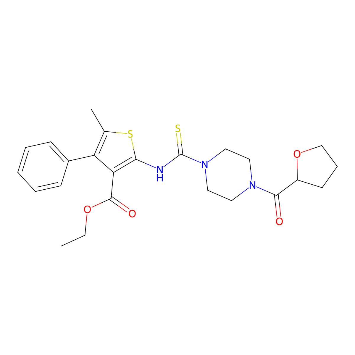 Ethyl 5-methyl-4-phenyl-2-({[4-(tetrahydrofuran-2-ylcarbonyl)piperazin-1-yl]carbonothioyl}amino)thiophene-3-carboxylate molecular structure, CAS 708246-16-6