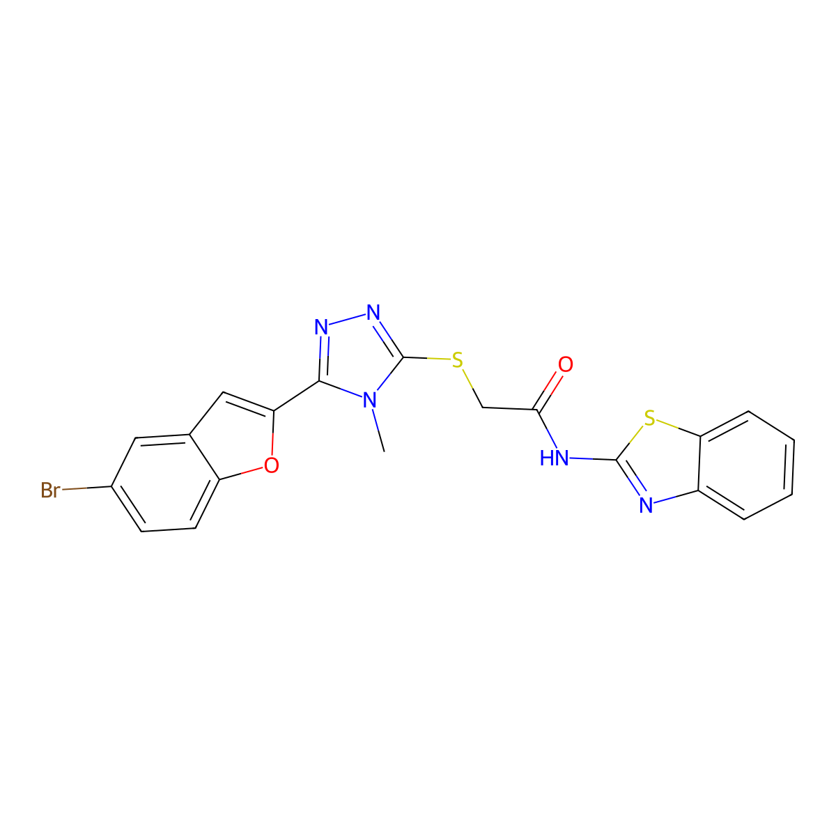 N-(1,3-benzothiazol-2-yl)-2-[[5-(5-bromo-1-benzofuran-2-yl)-4-methyl-1,2,4-triazol-3-yl]sulfanyl]acetamide molecular structure, CAS 708246-23-5