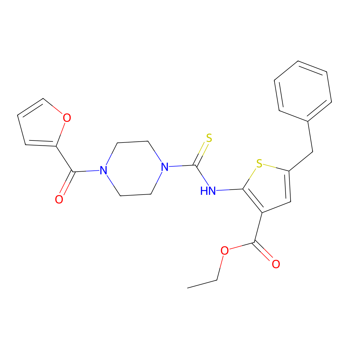 Ethyl 5-benzyl-2-({[4-(furan-2-ylcarbonyl)piperazin-1-yl]carbonothioyl}amino)thiophene-3-carboxylate molecular structure, CAS 708246-90-6