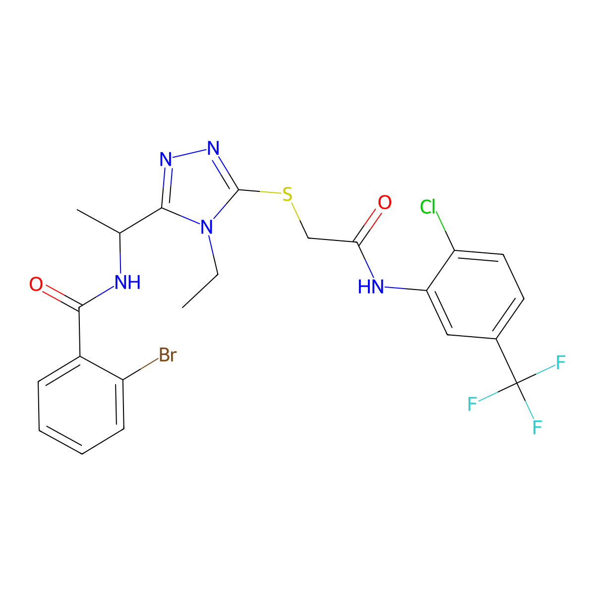 2-bromo-N-[1-[5-[2-[2-chloro-5-(trifluoromethyl)anilino]-2-oxoethyl]sulfanyl-4-ethyl-1,2,4-triazol-3-yl]ethyl]benzamide molecular structure, CAS 708247-60-3
