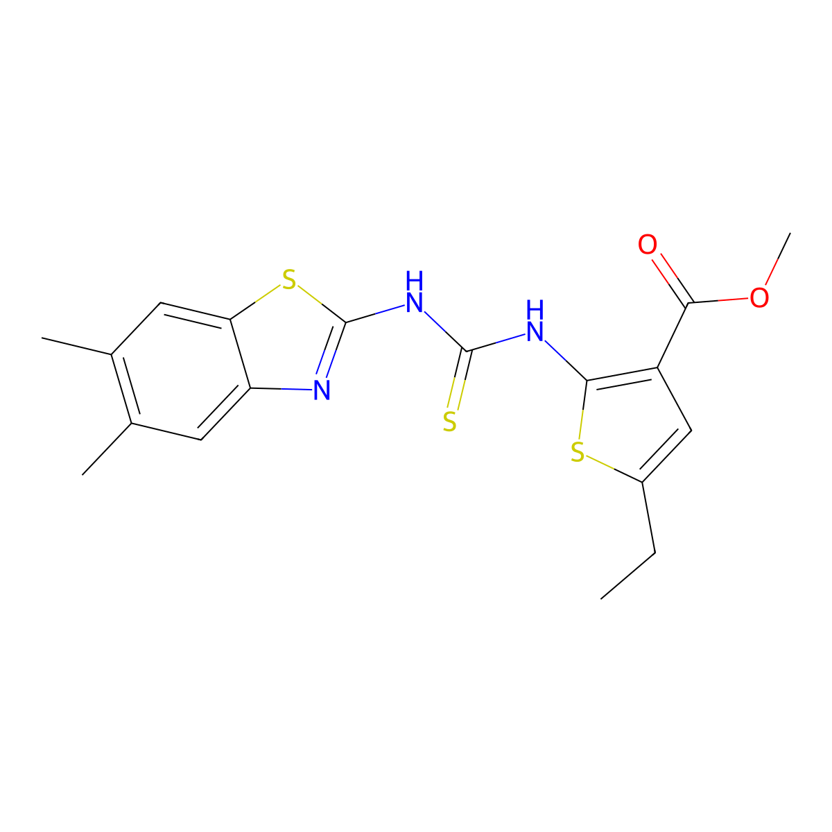 Methyl 2-[(5,6-dimethyl-1,3-benzothiazol-2-yl)carbamothioylamino]-5-ethylthiophene-3-carboxylate molecular structure, CAS 708247-85-2