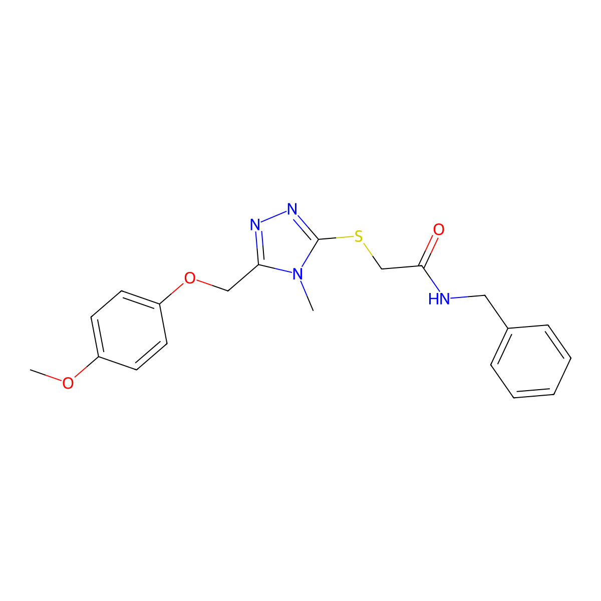 N-benzyl-2-[[5-[(4-methoxyphenoxy)methyl]-4-methyl-1,2,4-triazol-3-yl]sulfanyl]acetamide molecular structure, CAS 708248-43-5