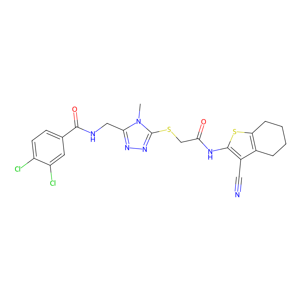 3,4-dichloro-N-[[5-[2-[(3-cyano-4,5,6,7-tetrahydro-1-benzothiophen-2-yl)amino]-2-oxoethyl]sulfanyl-4-methyl-1,2,4-triazol-3-yl]methyl]benzamide molecular structure, CAS 708248-66-2