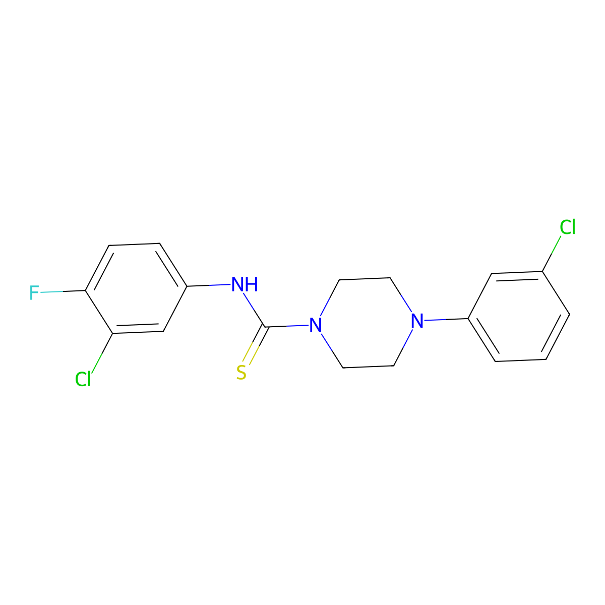 N-(3-chloro-4-fluorophenyl)-4-(3-chlorophenyl)piperazine-1-carbothioamide molecular structure, CAS 708249-30-3