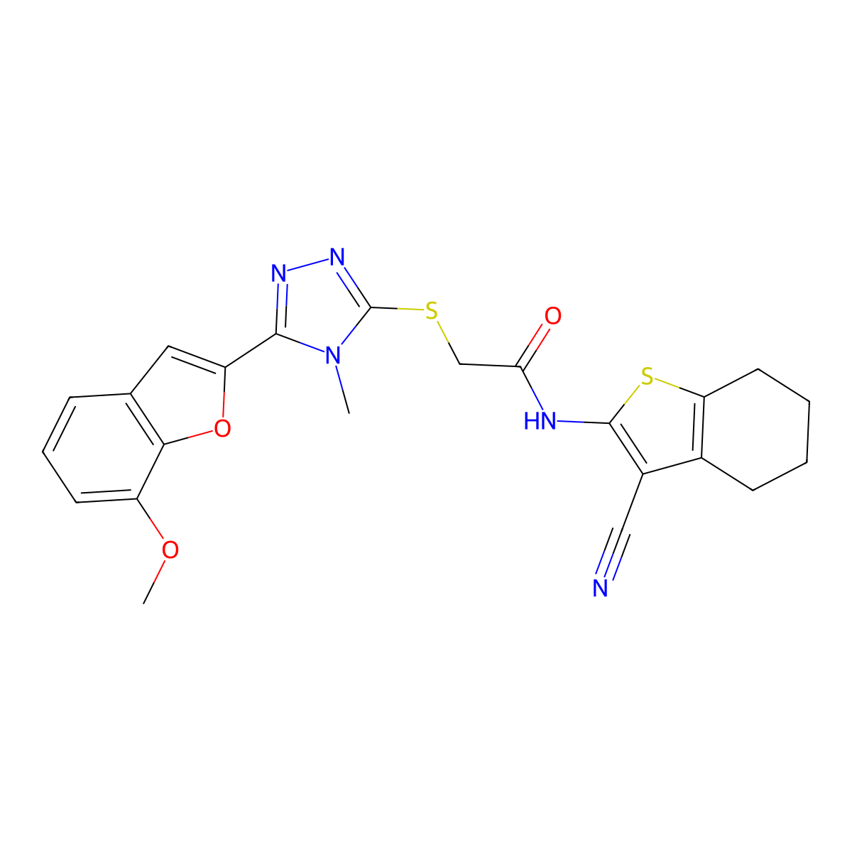 N-(3-cyano-4,5,6,7-tetrahydro-1-benzothiophen-2-yl)-2-[[5-(7-methoxy-1-benzofuran-2-yl)-4-methyl-1,2,4-triazol-3-yl]sulfanyl]acetamide molecular structure, CAS 708249-39-2