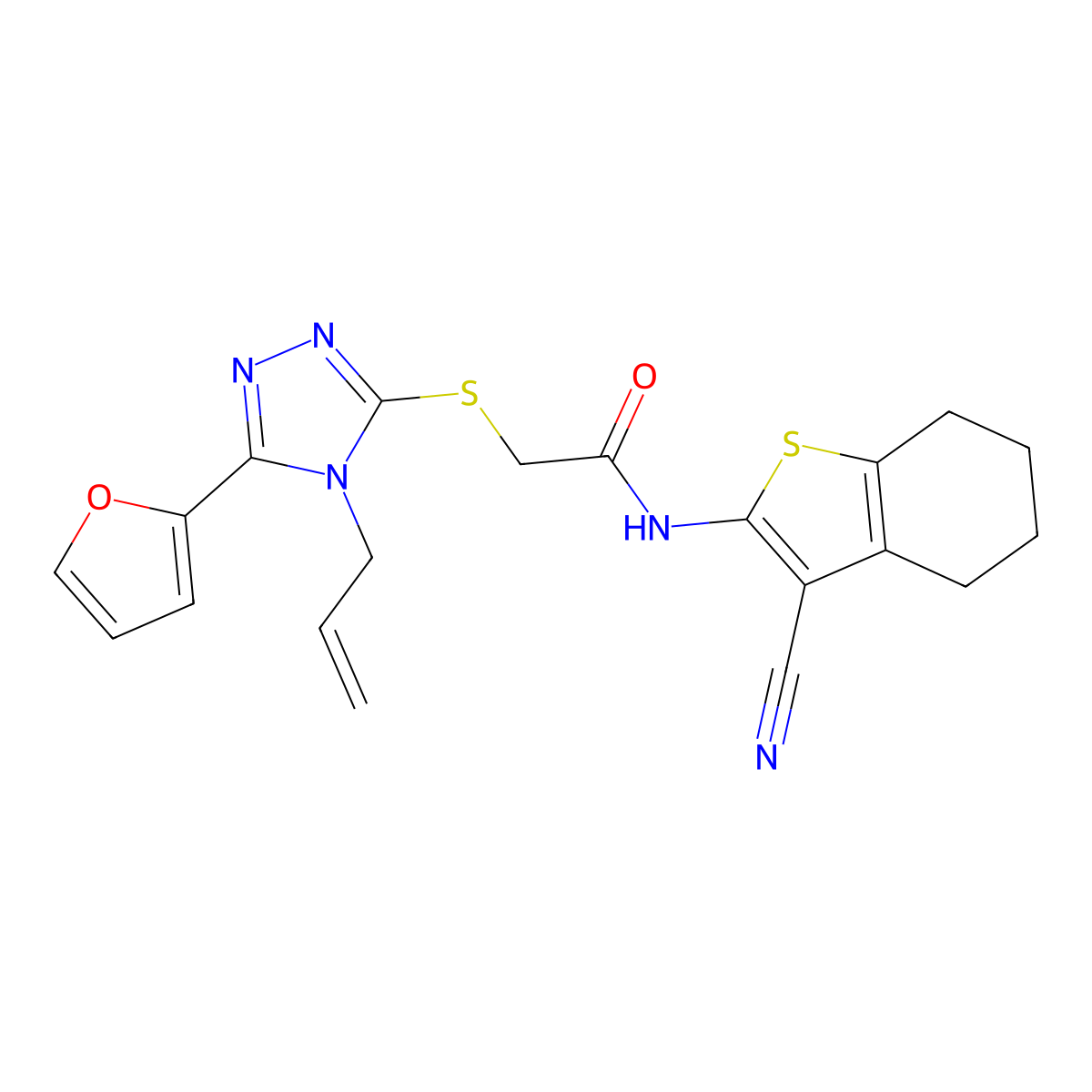 N-(3-cyano-4,5,6,7-tetrahydro-1-benzothiophen-2-yl)-2-[[5-(furan-2-yl)-4-prop-2-enyl-1,2,4-triazol-3-yl]sulfanyl]acetamide molecular structure, CAS 708249-65-4
