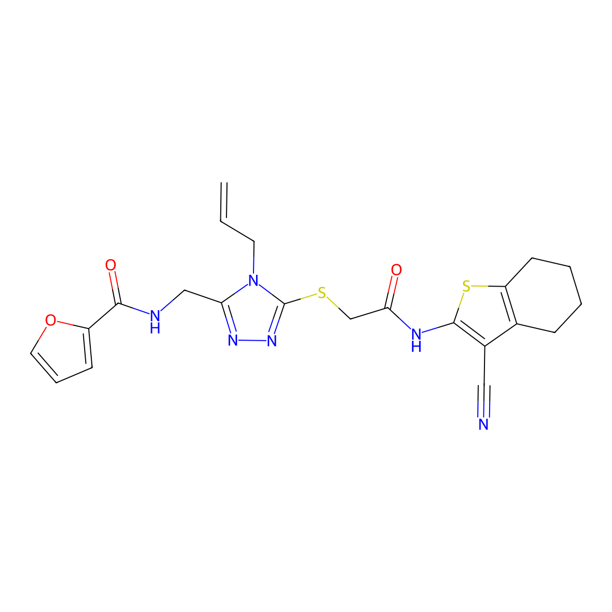 N-[[5-[2-[(3-cyano-4,5,6,7-tetrahydro-1-benzothiophen-2-yl)amino]-2-oxoethyl]sulfanyl-4-prop-2-enyl-1,2,4-triazol-3-yl]methyl]furan-2-carboxamide molecular structure, CAS 708250-09-3