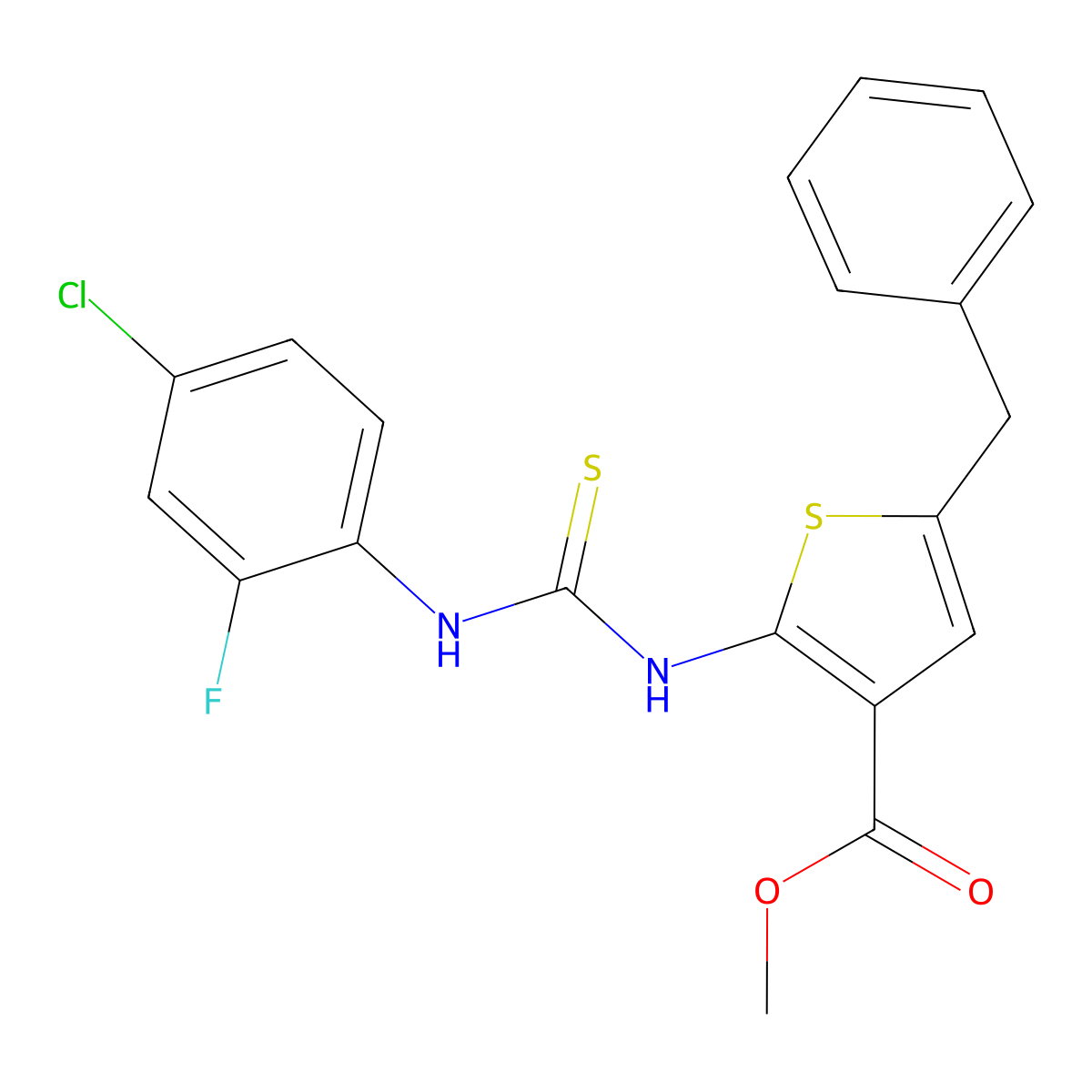Methyl 5-benzyl-2-{[(4-chloro-2-fluorophenyl)carbamothioyl]amino}thiophene-3-carboxylate molecular structure, CAS 708250-23-1