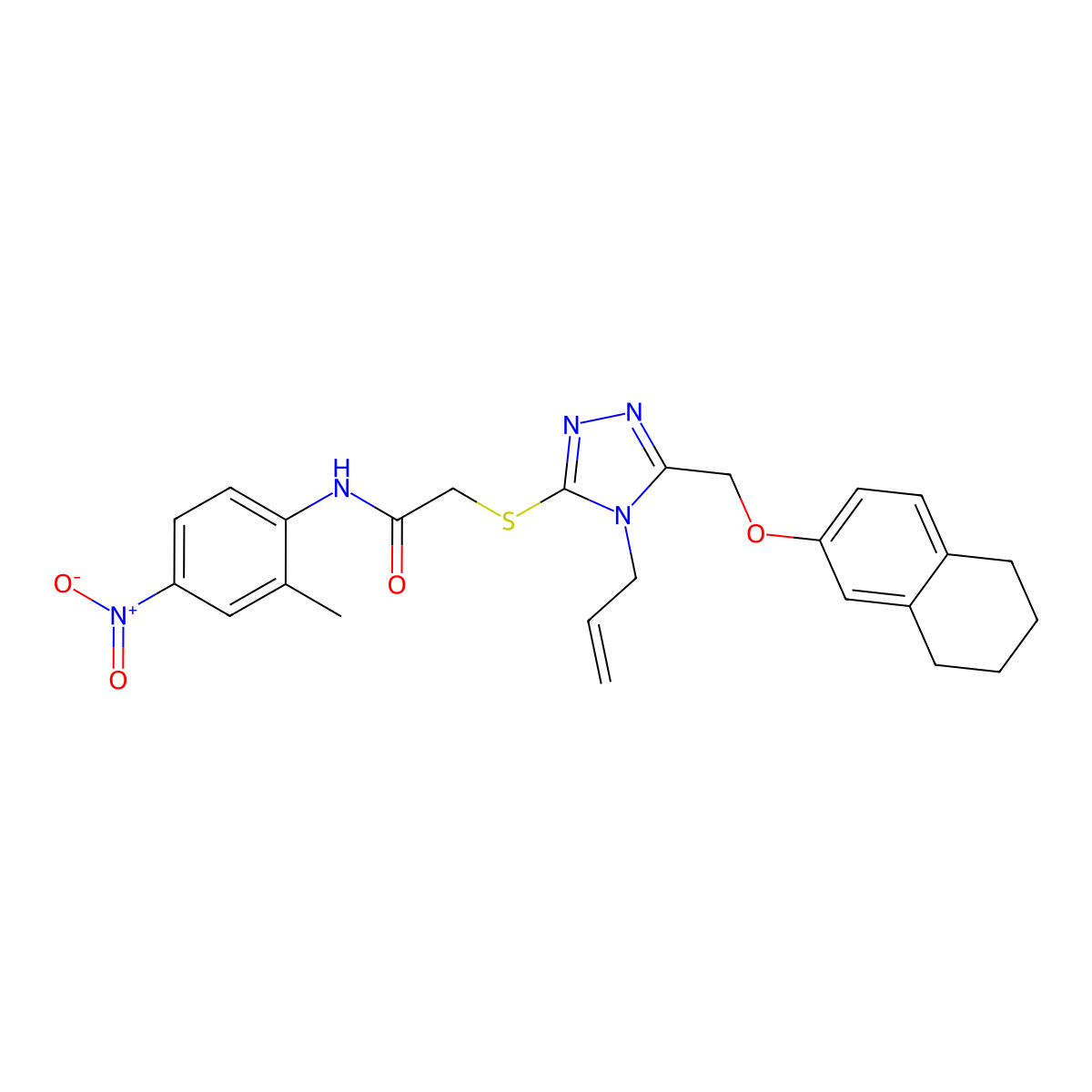 N-(2-methyl-4-nitrophenyl)-2-[[4-prop-2-enyl-5-(5,6,7,8-tetrahydronaphthalen-2-yloxymethyl)-1,2,4-triazol-3-yl]sulfanyl]acetamide molecular structure, CAS 708250-25-3