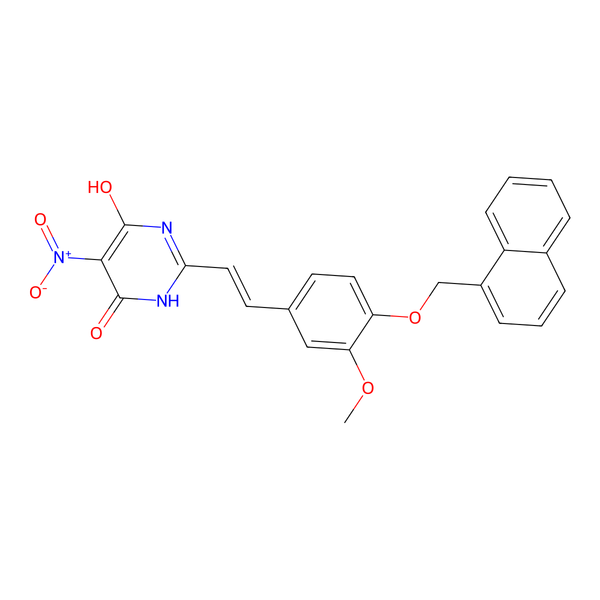 6-Hydroxy-2-(3-methoxy-4-(naphthalen-1-ylmethoxy)styryl)-5-nitropyrimidin-4(3H)-one molecular structure, CAS 708250-35-5