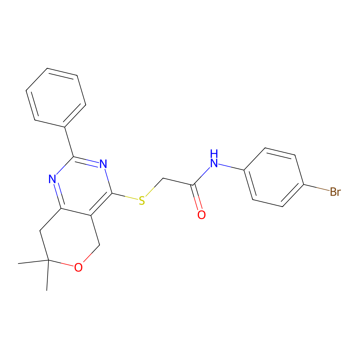 N-(4-bromophenyl)-2-[(7,7-dimethyl-2-phenyl-5,8-dihydropyrano[4,3-d]pyrimidin-4-yl)sulfanyl]acetamide molecular structure, CAS 708250-47-9