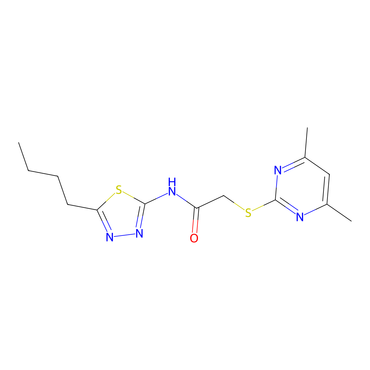 N-(5-butyl-1,3,4-thiadiazol-2-yl)-2-(4,6-dimethylpyrimidin-2-yl)sulfanylacetamide molecular structure, CAS 708250-71-9
