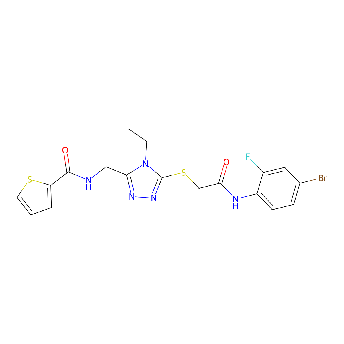 N-[[5-[2-(4-bromo-2-fluoroanilino)-2-oxoethyl]sulfanyl-4-ethyl-1,2,4-triazol-3-yl]methyl]thiophene-2-carboxamide molecular structure, CAS 708250-74-2