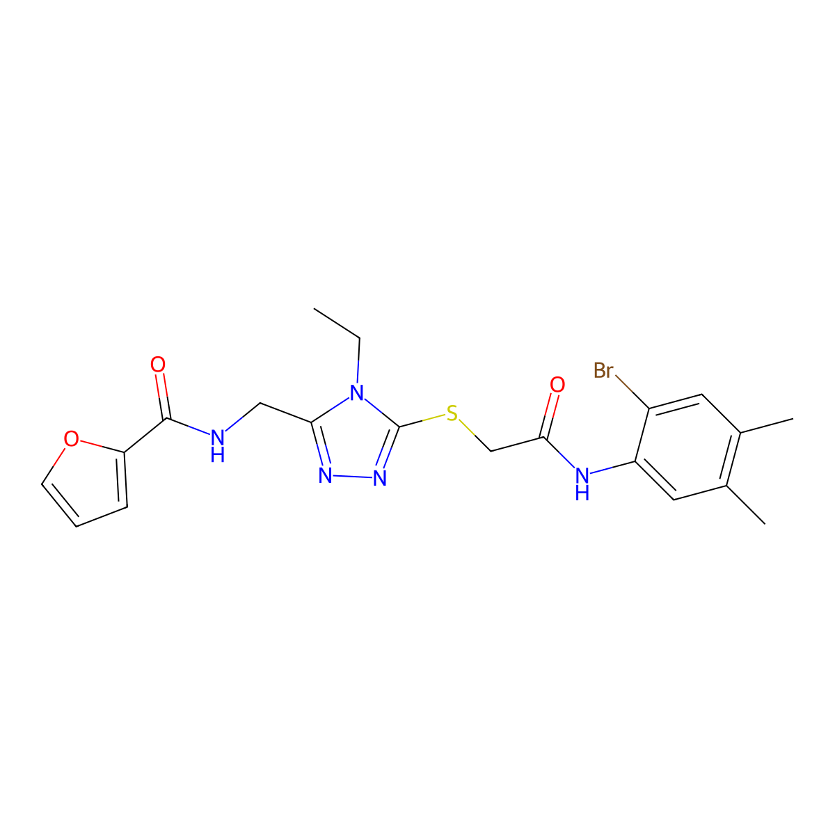 N-[[5-[2-(2-bromo-4,5-dimethylanilino)-2-oxoethyl]sulfanyl-4-ethyl-1,2,4-triazol-3-yl]methyl]furan-2-carboxamide molecular structure, CAS 708250-84-4