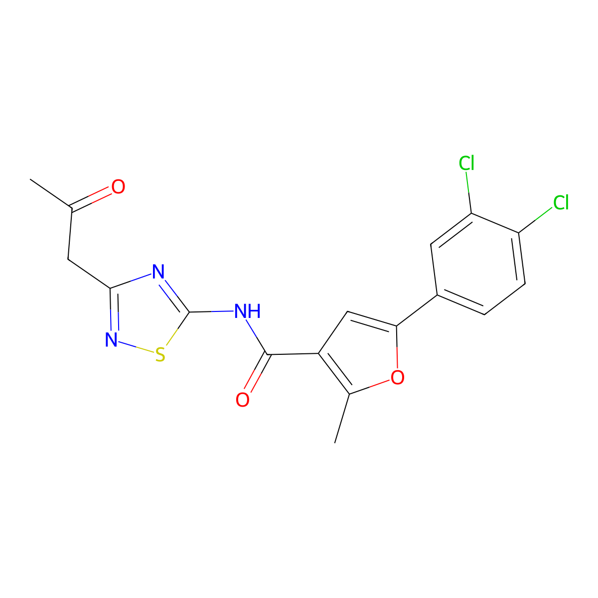 5-(3,4-dichlorophenyl)-2-methyl-N-[3-(2-oxopropyl)-1,2,4-thiadiazol-5-yl]furan-3-carboxamide molecular structure, CAS 708250-88-8