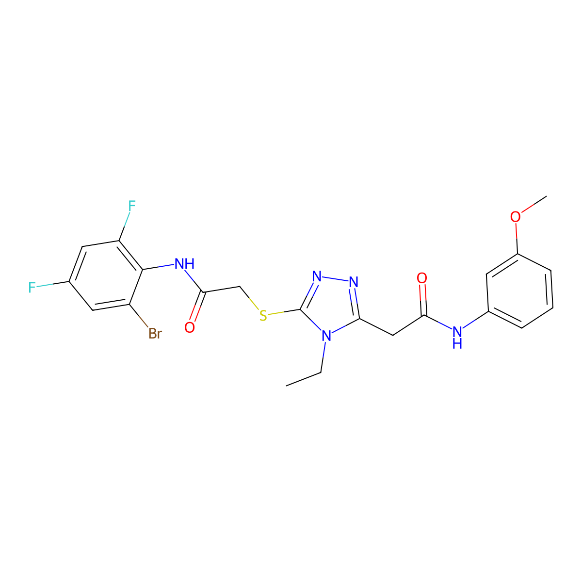 2-[5-[2-(2-bromo-4,6-difluoroanilino)-2-oxoethyl]sulfanyl-4-ethyl-1,2,4-triazol-3-yl]-N-(3-methoxyphenyl)acetamide molecular structure, CAS 708251-45-0