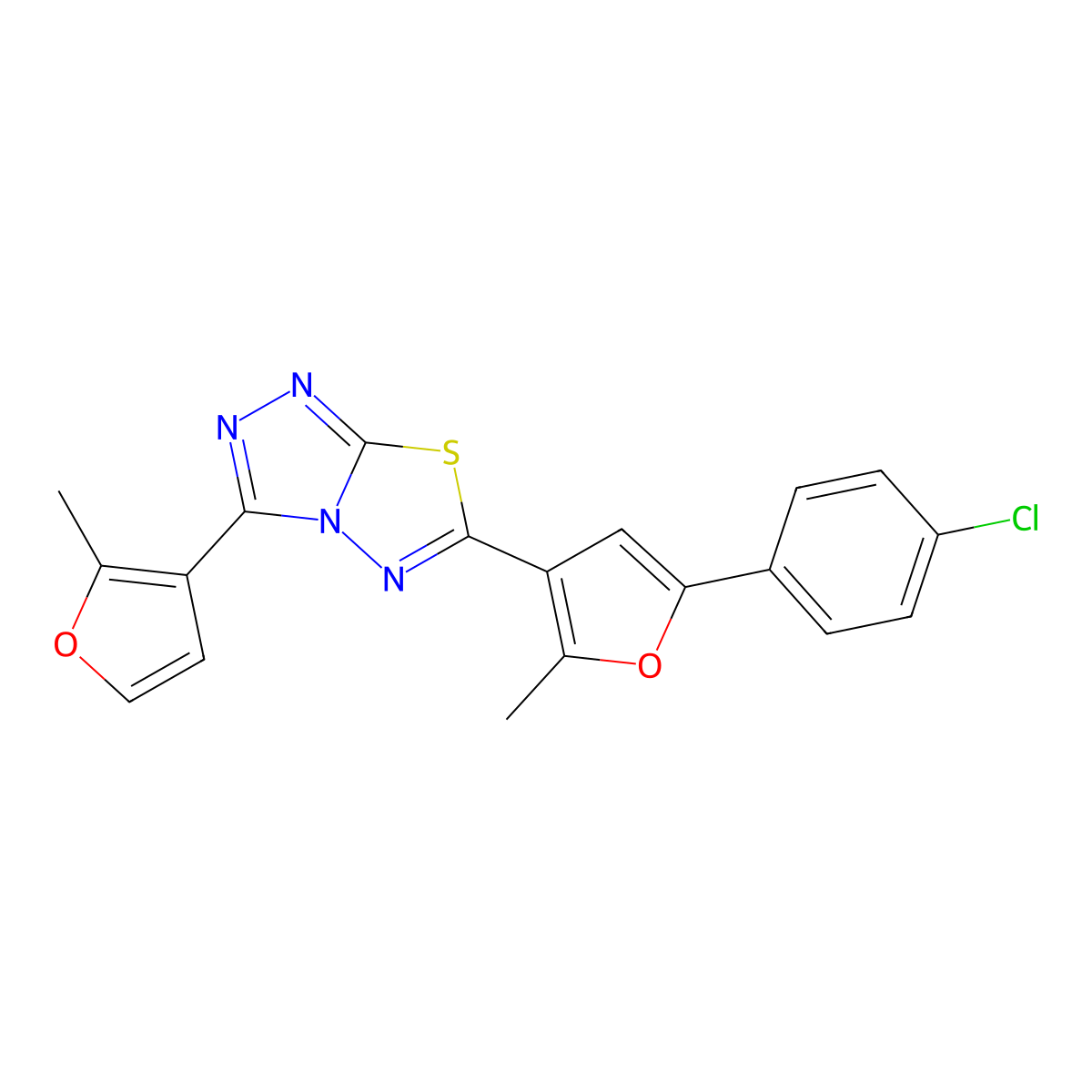 6-[5-(4-Chlorophenyl)-2-methylfuran-3-yl]-3-(2-methylfuran-3-yl)-[1,2,4]triazolo[3,4-b][1,3,4]thiadiazole molecular structure, CAS 708251-55-2